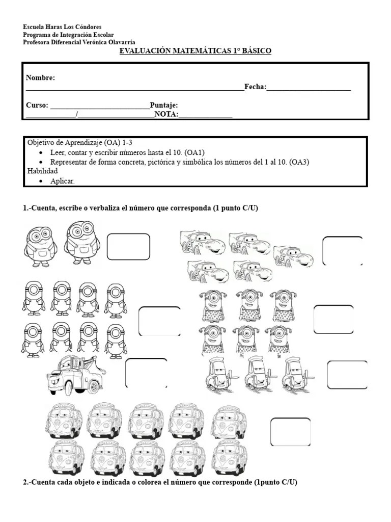 Evaluación Matemáticas 1 Básico | PDF