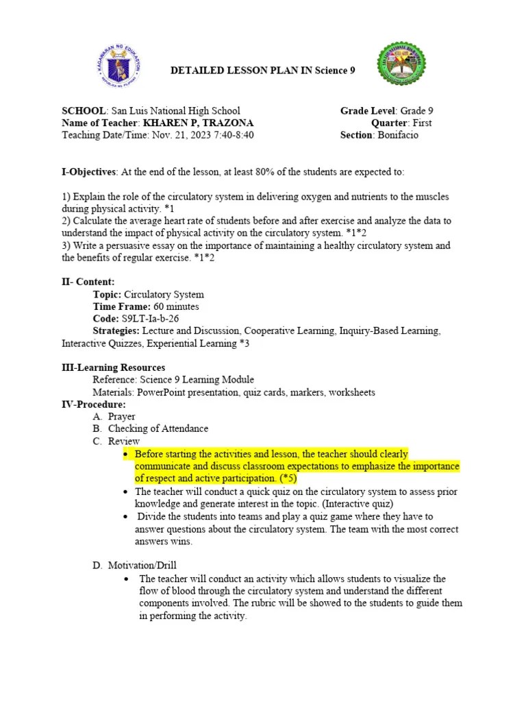 DETAILED LESSON PLAN IN Science 9 CO1 | PDF | Heart | Blood