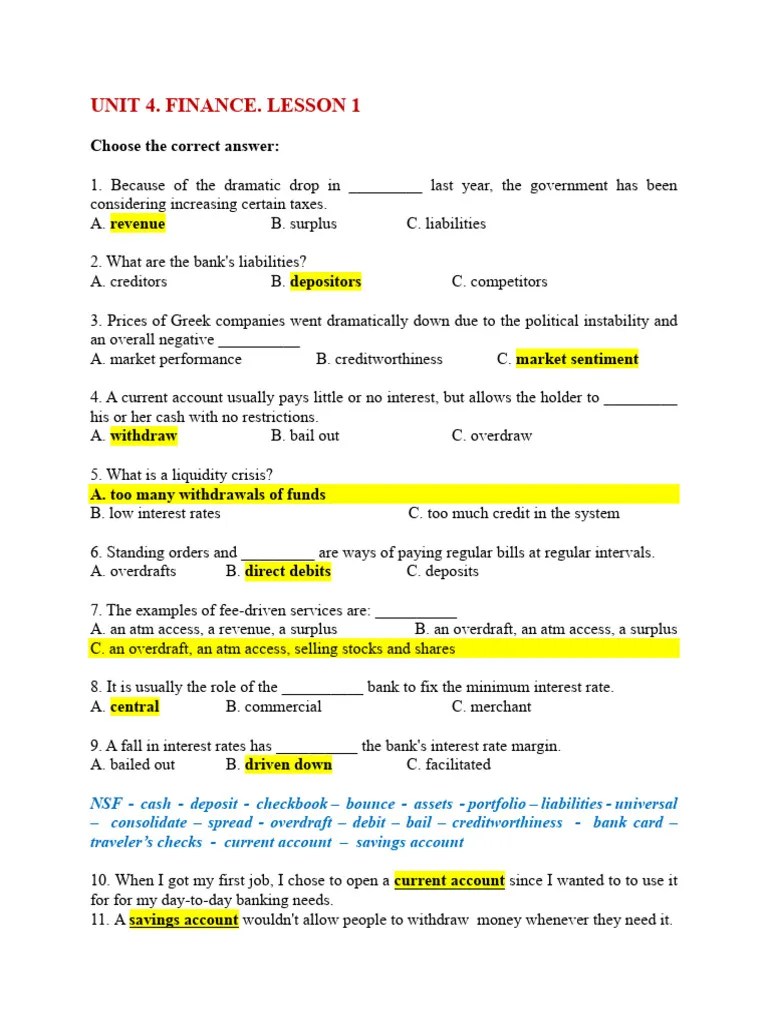 Unit 4 - Finance - Lesson 1 - Key | PDF | Transaction Account | Banks