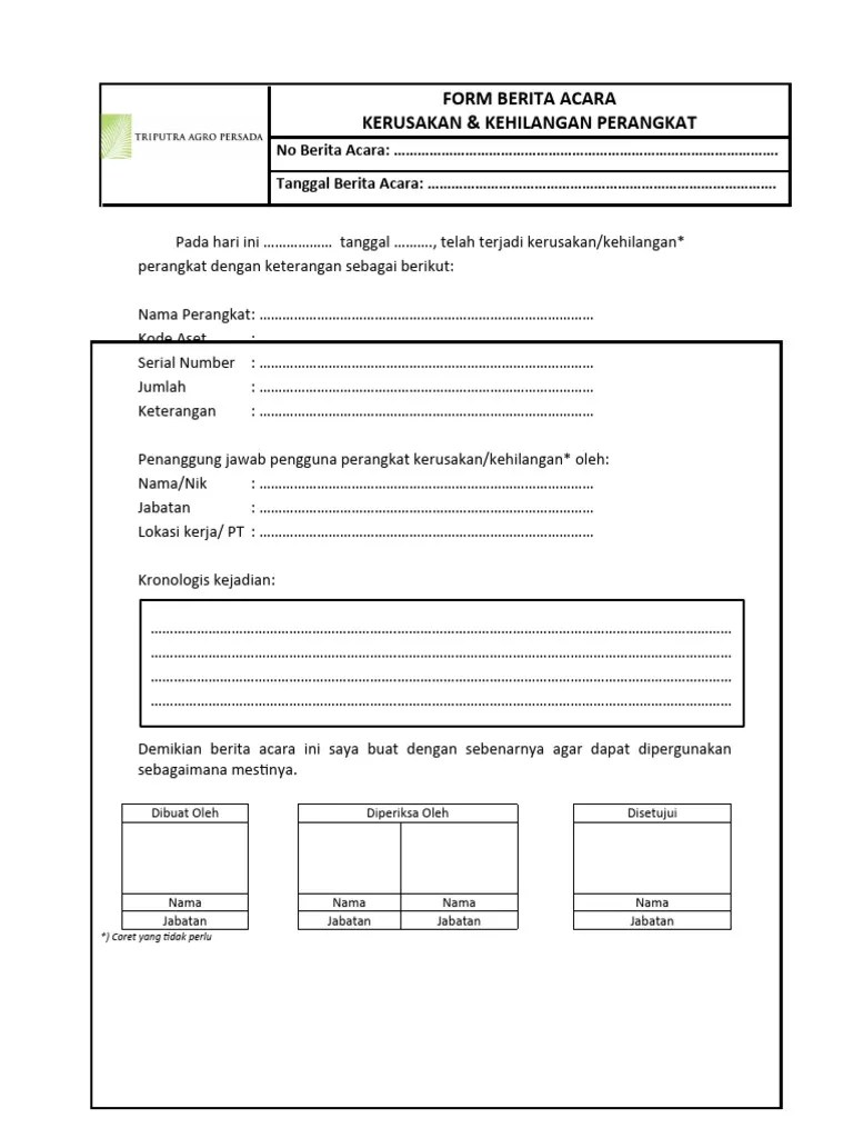 Form Berita Acara Kerusakan Atau Kehilangan | PDF
