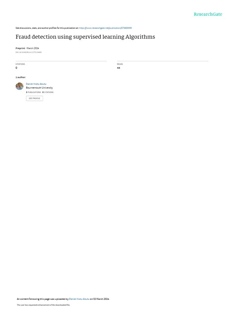 Fraud Detection Using Supervised Learning Algorithms: March 2024 | PDF ...