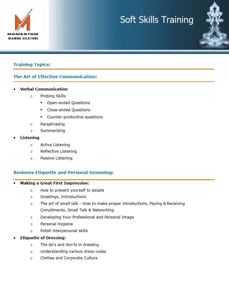 Soft Skills Training Workshop Outline | PDF | Communication | Behavior ...