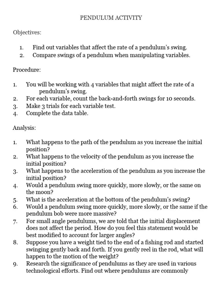 PENDULUM Lab ACTIVITY | PDF | Pendulum | Weight