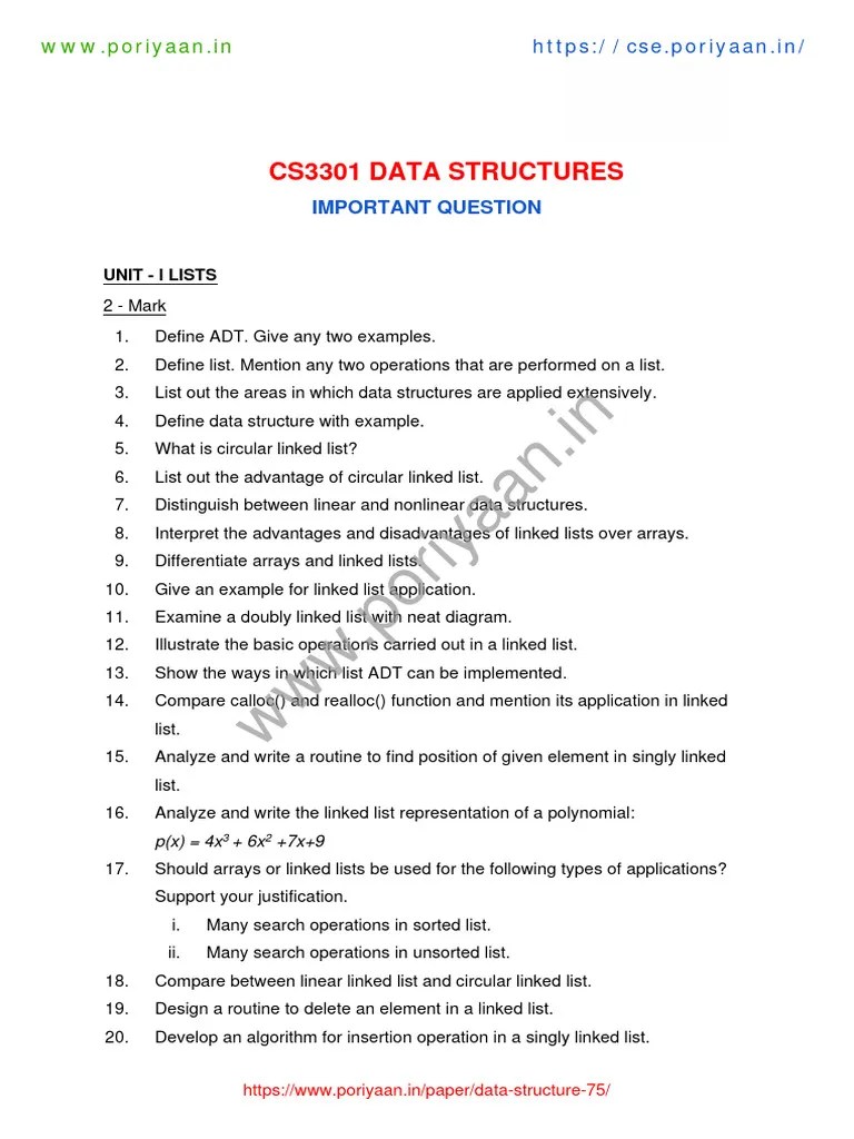 Cs3301 Unit Important Q-Data-Structures | PDF | Queue (Abstract Data ...