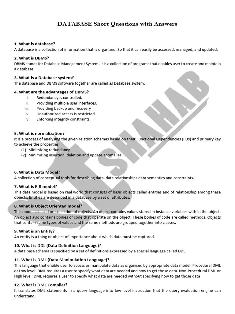 DATABASE Short Questions With Answers | PDF | Relational Database ...