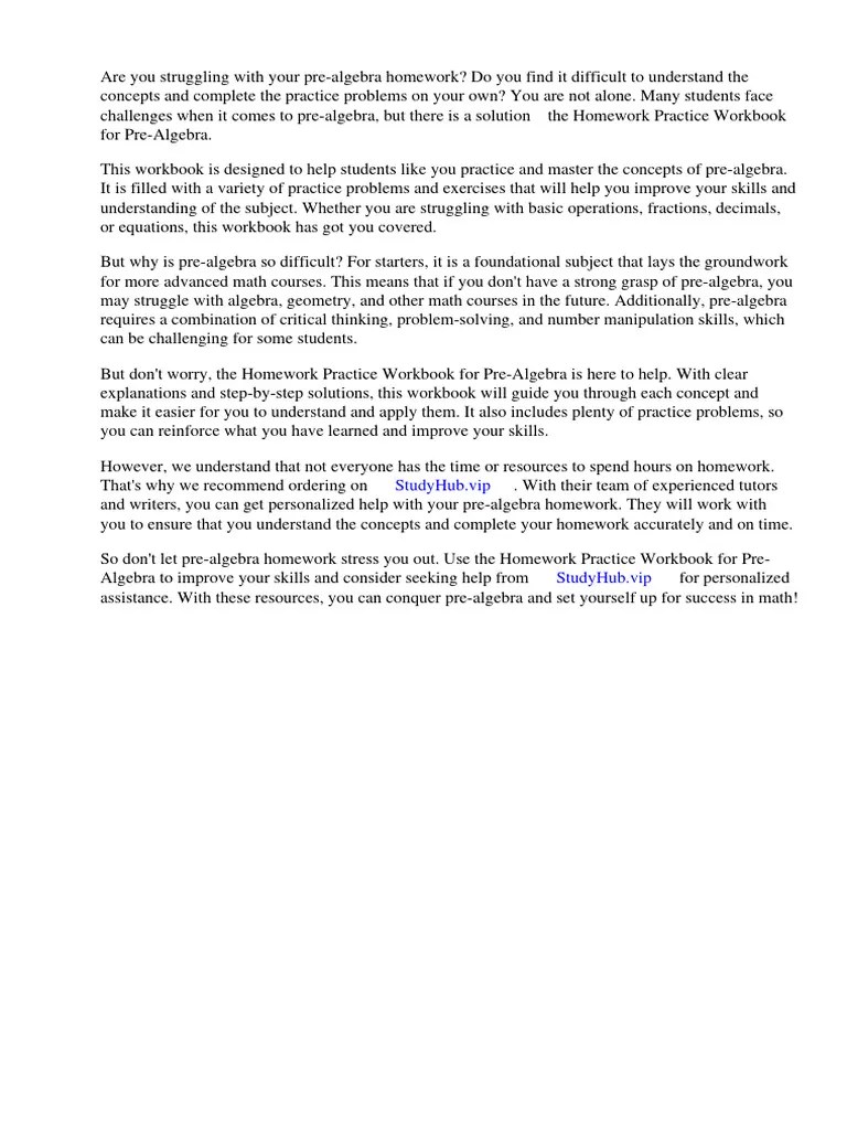 Homework Practice Workbook Pre Algebra | PDF | Worksheet | Essays