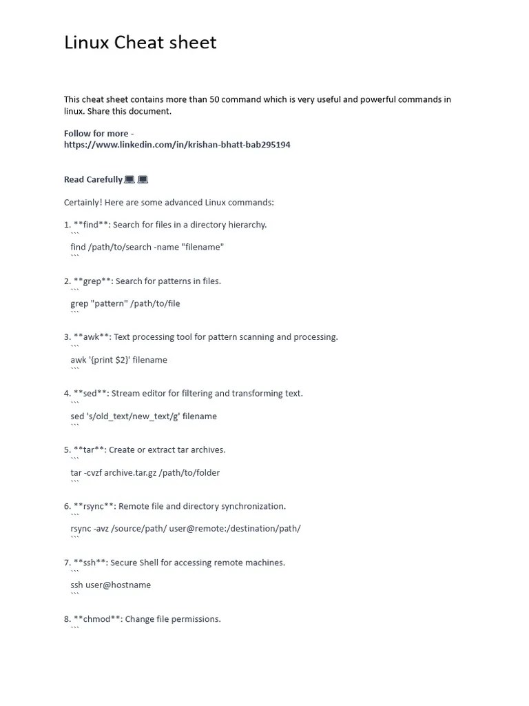 Linuxcheat Sheet | PDF | Computer File | Operating System Technology