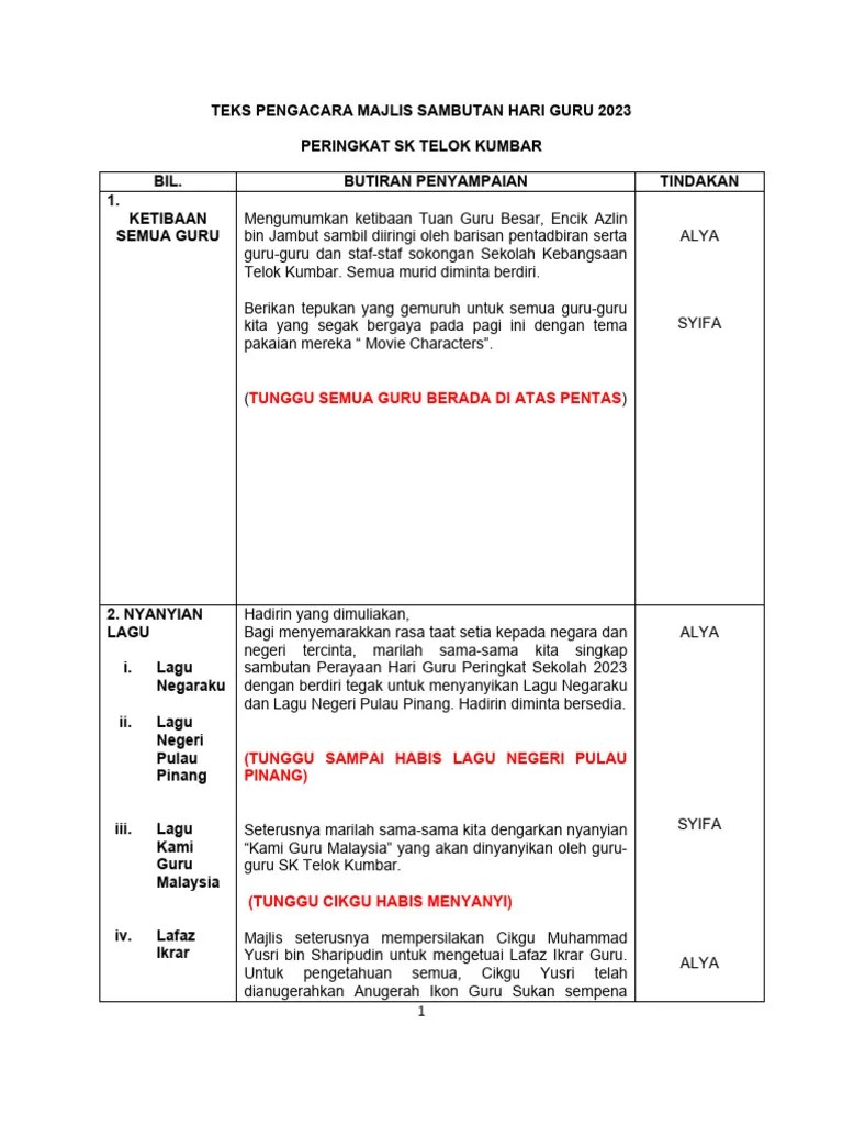 TEKS PENGACARA MAJLIS SAMBUTAN HARI GURU 2023 | PDF