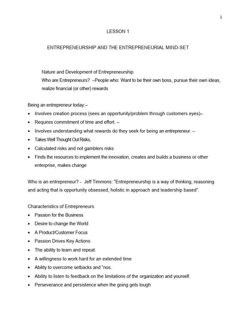 Lesson 1 Introduction Entrepreneurial Mindest | PDF | Entrepreneurship ...