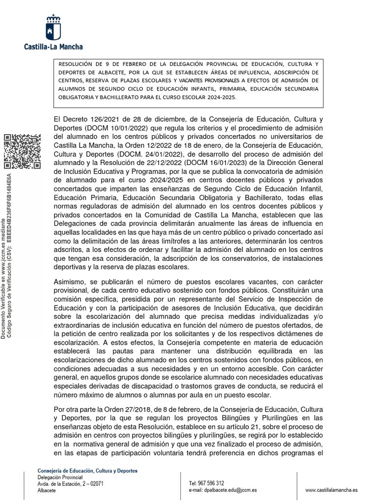 ALBACETE Resolucion Admision 2024 | PDF | Educación Primaria | Juventud