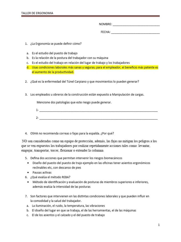 Taller Ergonomia I | PDF | Factores Humanos Y Ergonomía