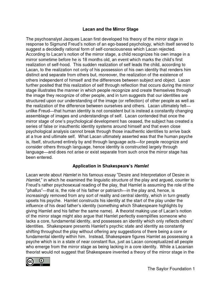 ENGL301 Lacan And The Mirror Stage | PDF | Jacques Lacan | Hamlet