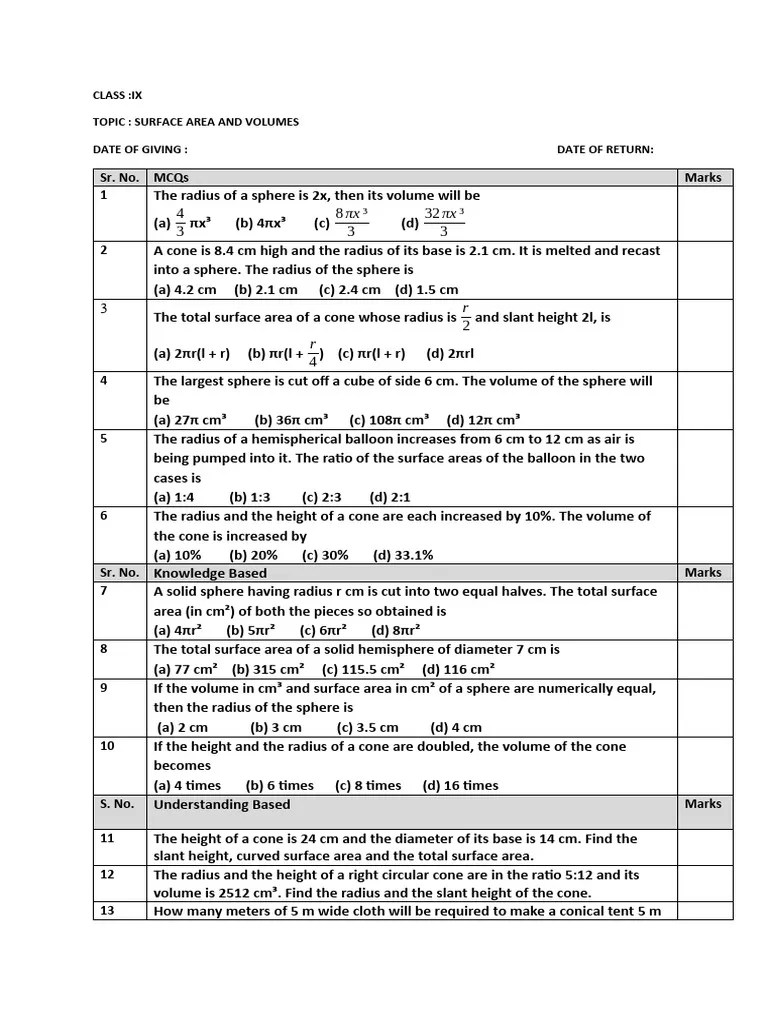Surface Area And Volume Pdf Sphere Area