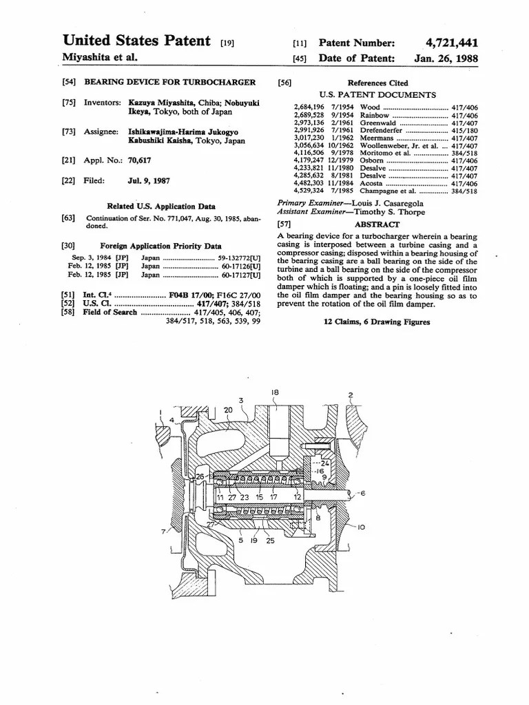 1988-US Patent-Bearing Device For Turbocharger-4721441 | PDF | Bearing (Mechanical) | Turbocharger