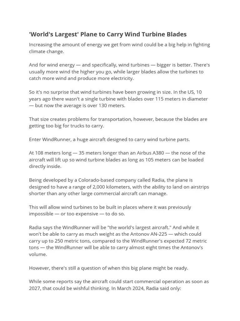 'World's Largest' Plane To Carry Wind Turbine Blades | PDF