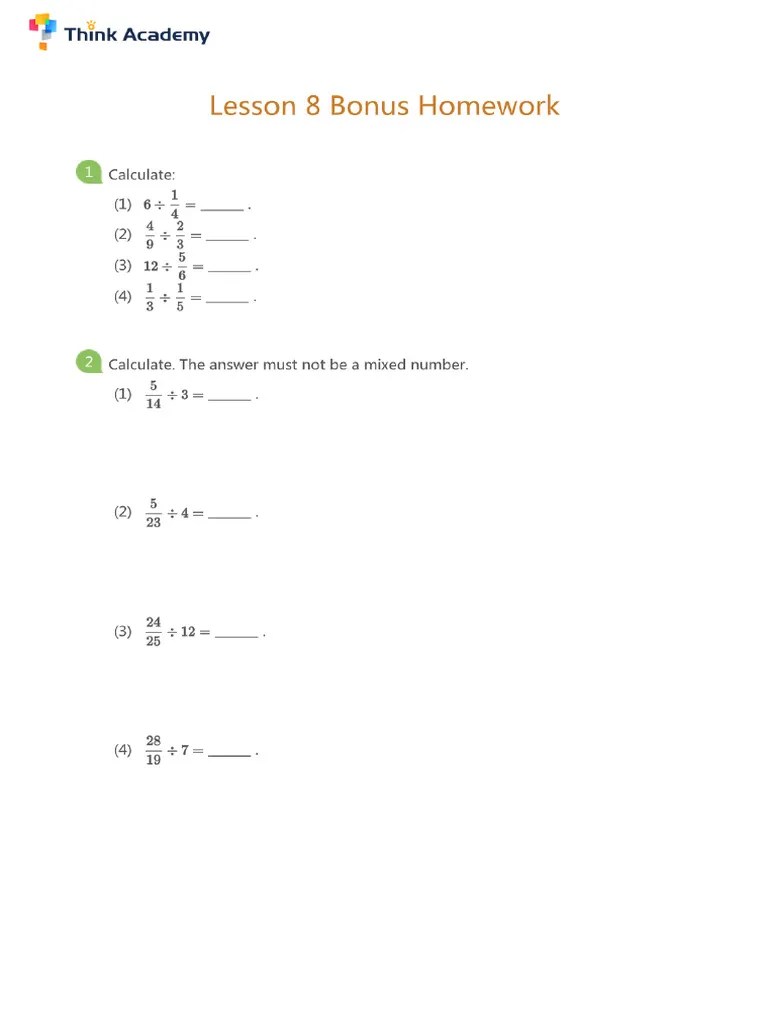 Lesson 8 Bonus Homework Year 5 Math | PDF