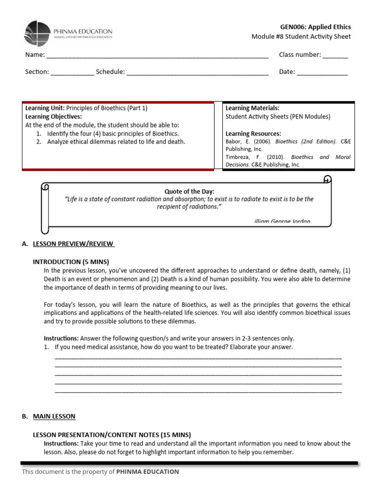 Sas8 - Principles Of Bioethics (Part 1) | PDF | Bioethics | Informed Consent
