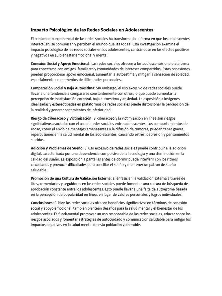 Impacto Psicológico De Las Redes Sociales En Adolescentes | PDF ...