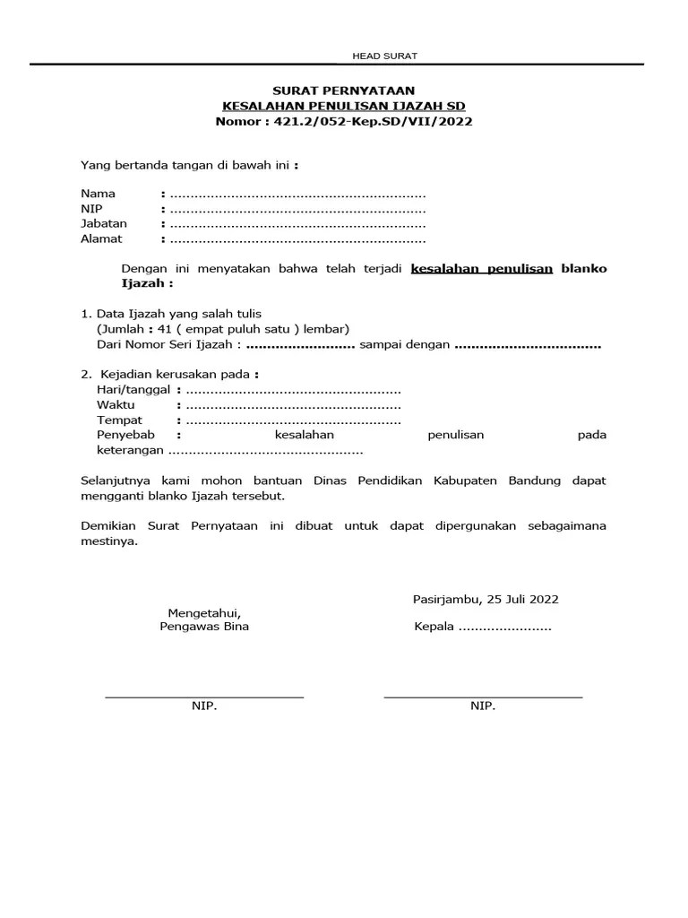 Surat Pernyataan Kesalahan Penulisan Ijazah SD | PDF