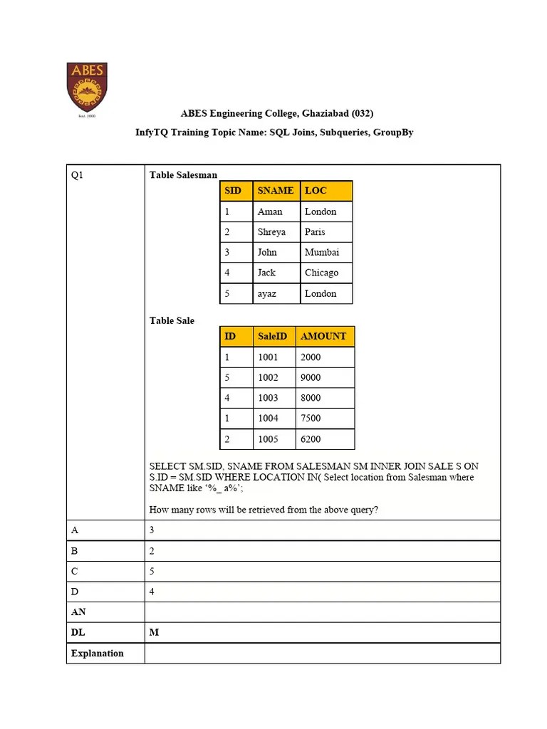 Week 2 - SQL Joins, Subqueries, Groupby | PDF | Information Retrieval ...