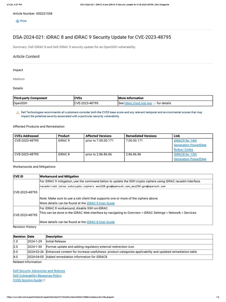 DSA-2024-021 - IDRAC 8 And IDRAC 9 Security Update For CVE-2023-48795 - Dell Singapore | PDF ...
