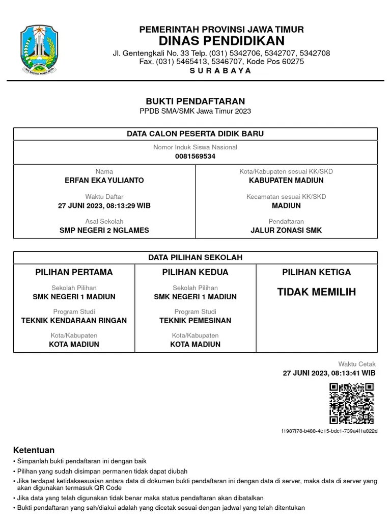 Bukti Pendaftaran Jalur Zonasi SMK PPDB Jawa Timur 2023 | PDF