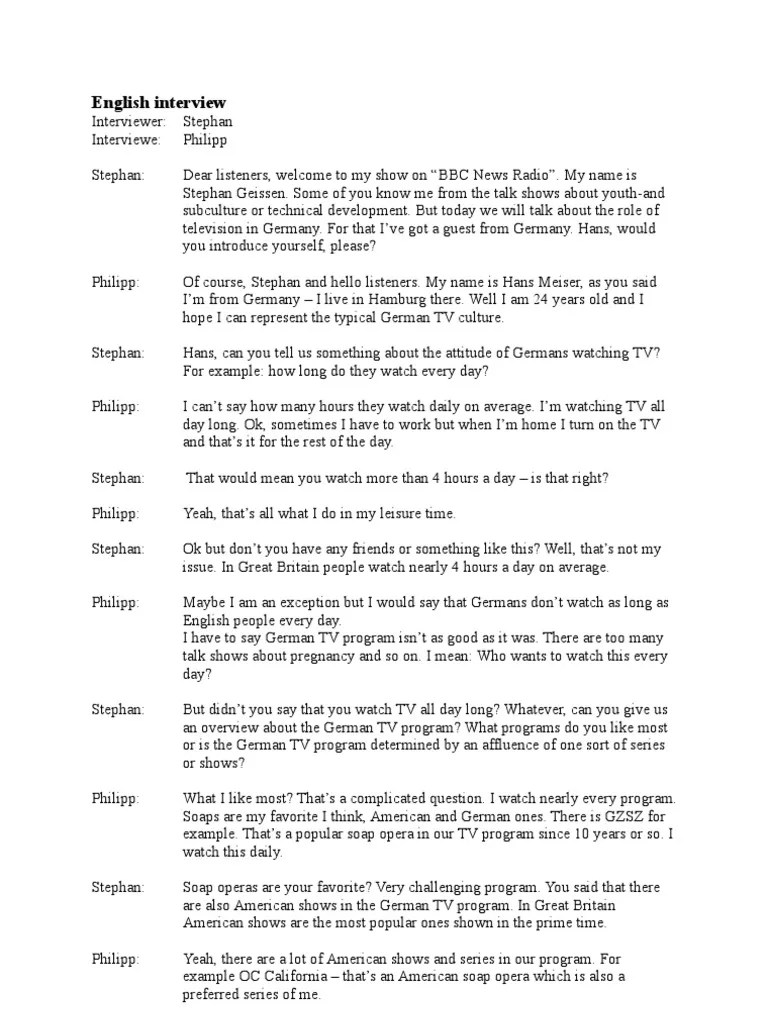 English Interview | PDF | Television | Leisure
