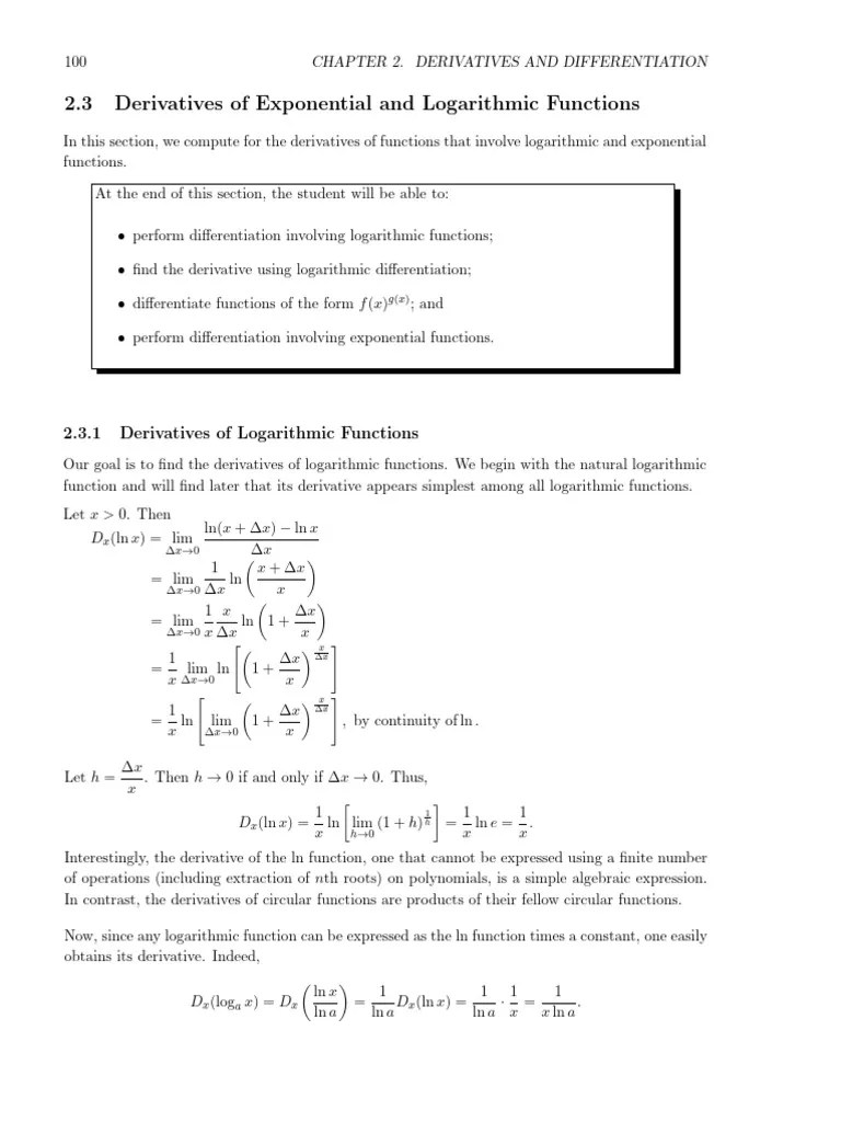 Derivatives Of Exponential & Log Functions | PDF | Logarithm | Function (Mathematics)