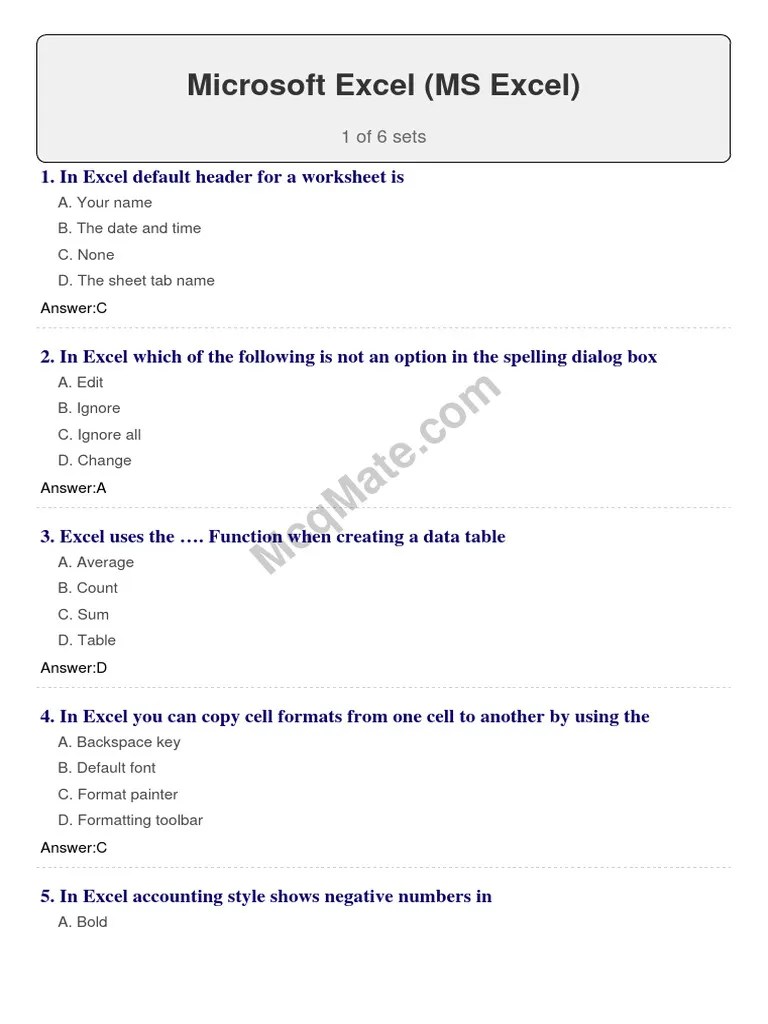 Microsoft-Excel (Set 1) | PDF | Microsoft Excel | Spreadsheet