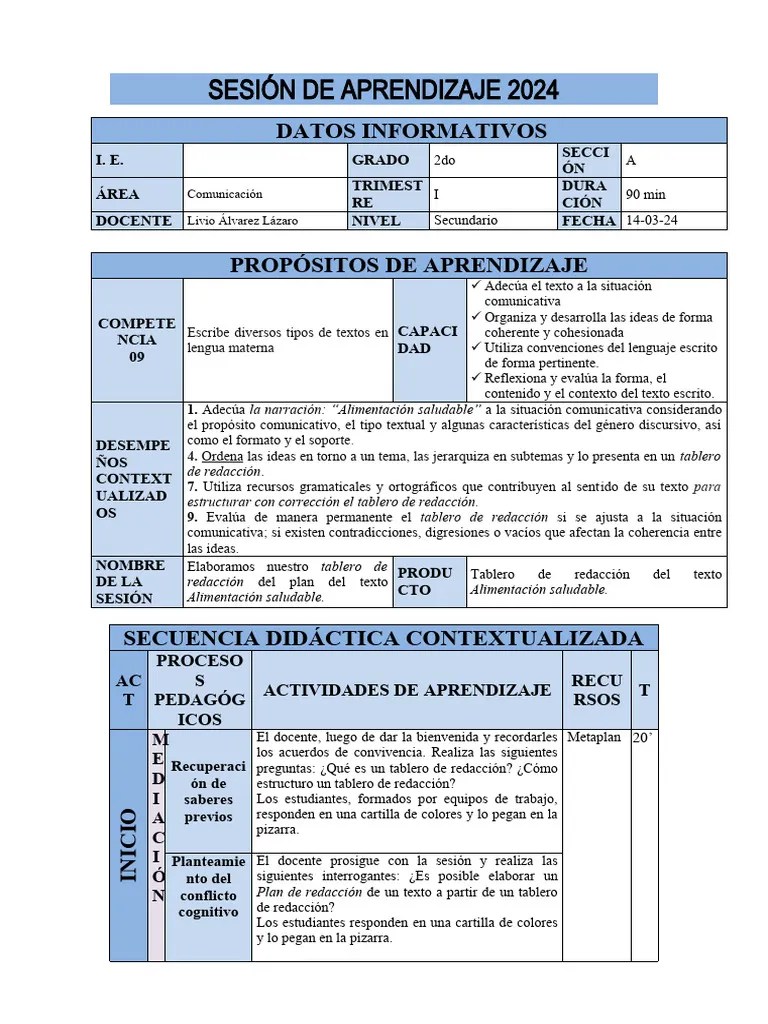 SESIÓN DE APRENDIZAJE 01-2024-Modelado-Livio Álvarez | PDF | Evaluación ...