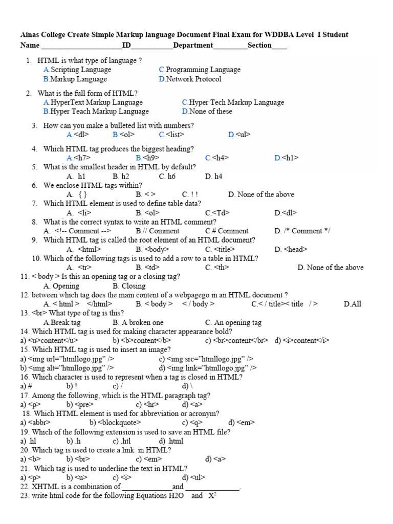 HTML Exam | PDF | Html | Html Element