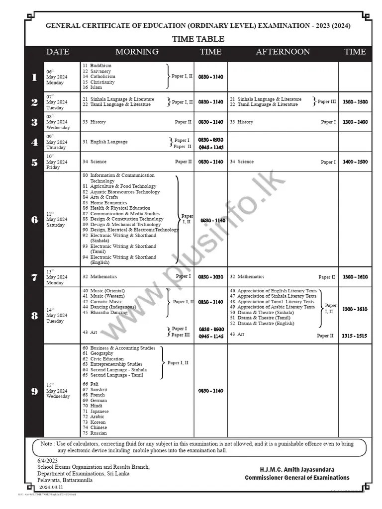 Timetable For GCE Ordinary Level (OL) Examination 2023 (2024) - WWW ...