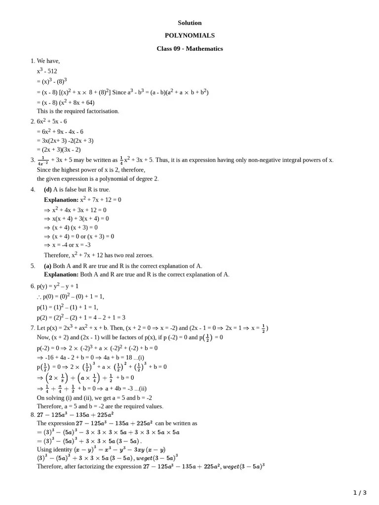 Polynomials Class 9 Solution | PDF | Mathematics Of Computing | Mathematics
