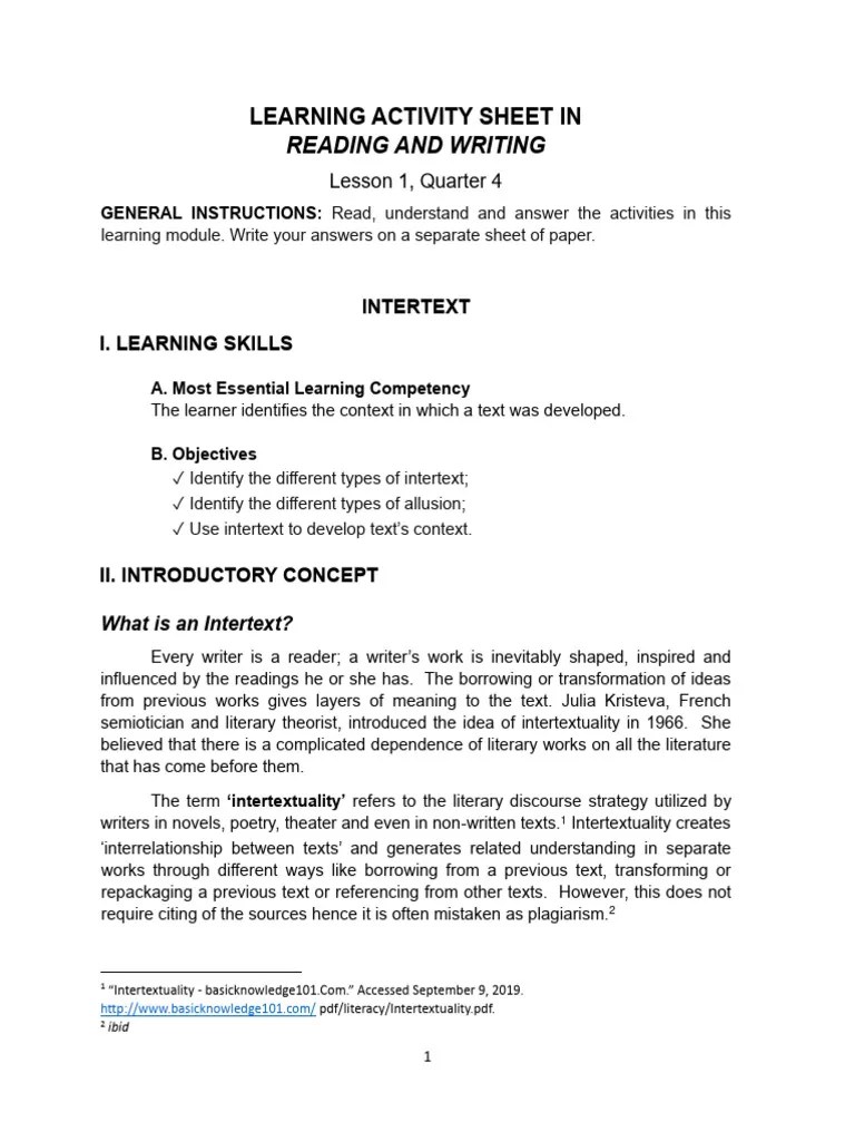 Reading And Writing - Intertext - Learning Module | PDF | Intertextuality