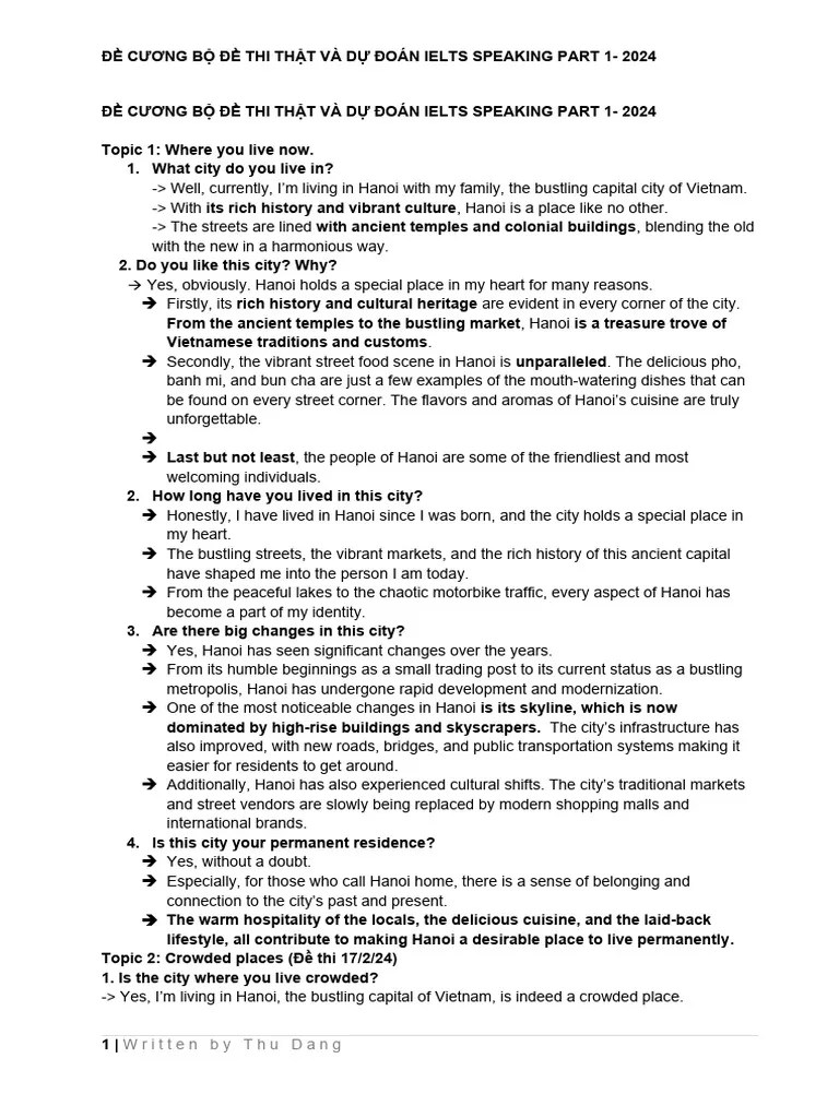 Đề Cương Hướng Dẫn Giải Đề Thi Thật Và Dự Đoán Ielts Speaking 2024 | PDF | Hanoi | Cash