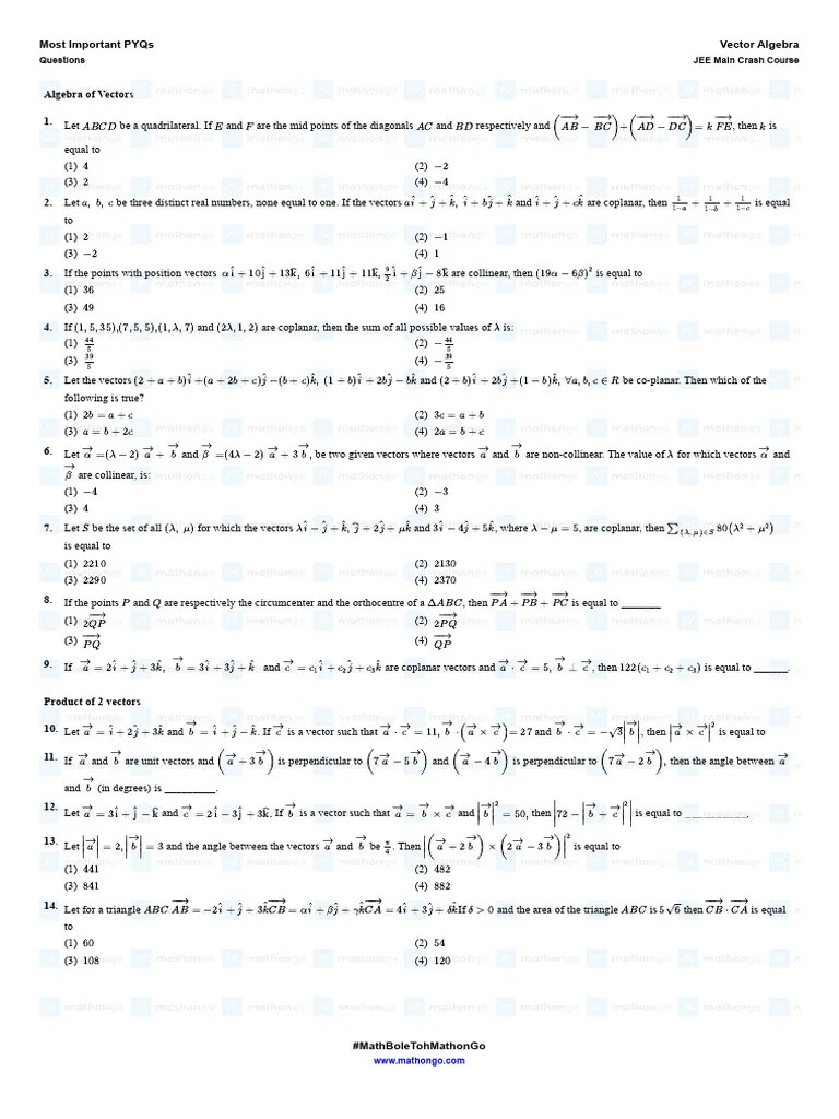Question Most Important PYQs Vector Algebra JEE Main Crash Course ...