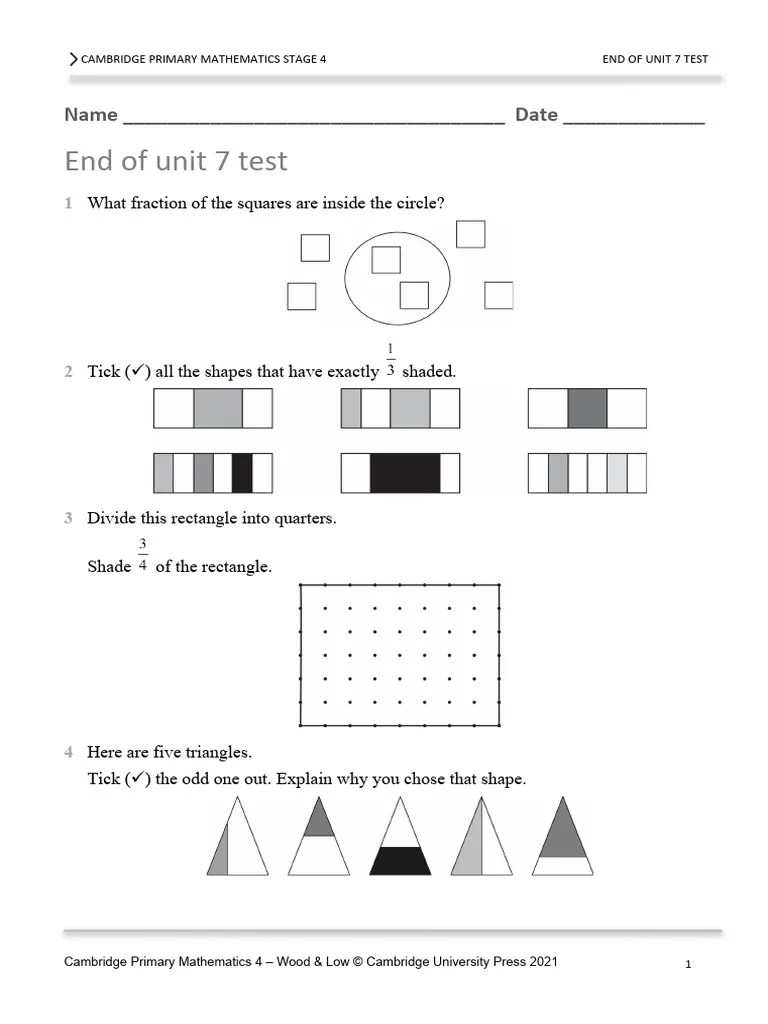 Prim Maths 4 2ed TR Unit 7 Test | PDF