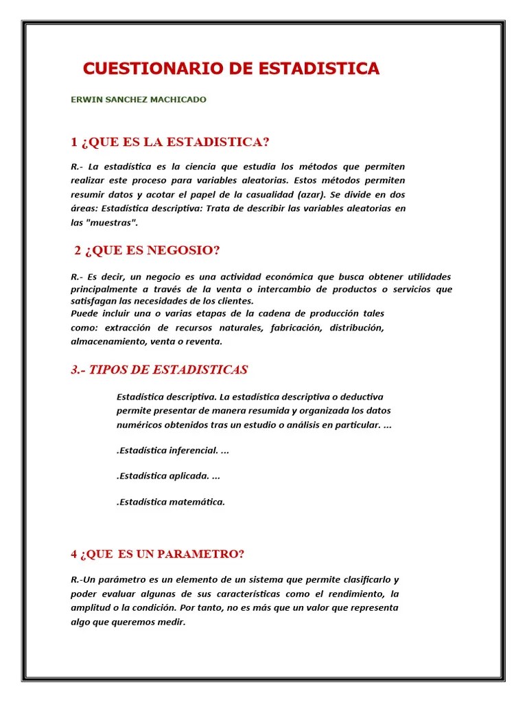Cuestionario De E | PDF | Estadísticas | Muestreo (Estadísticas)