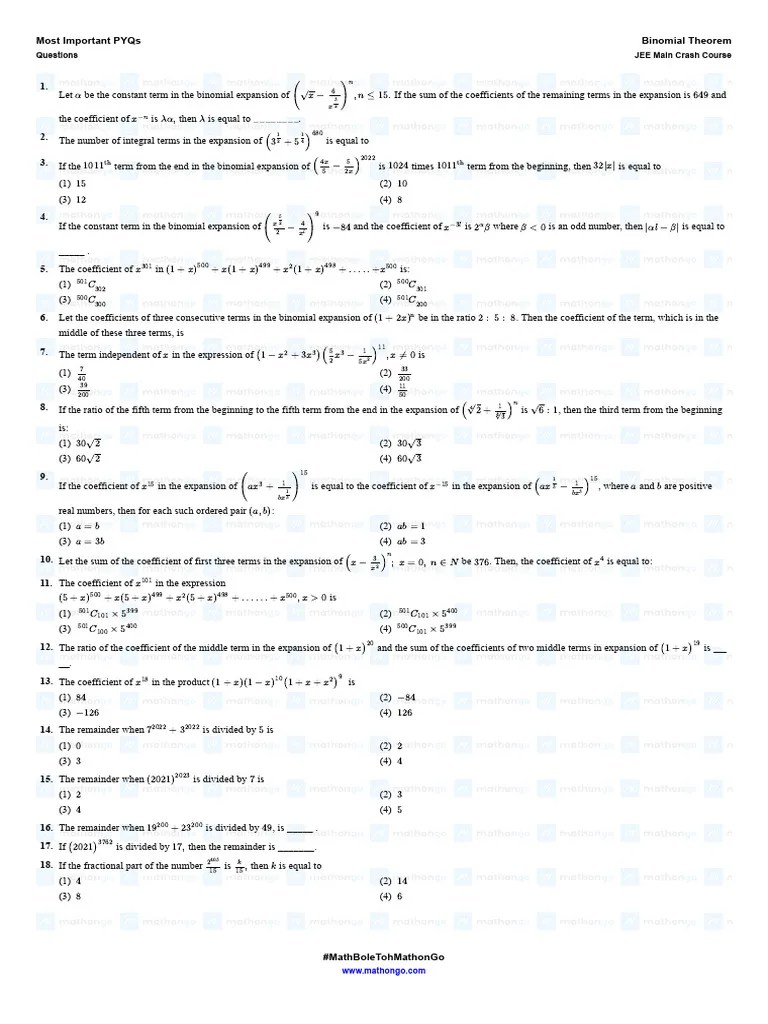 .Question Most Important PYQs Binomial Theorem JEE Main Crash Course ...