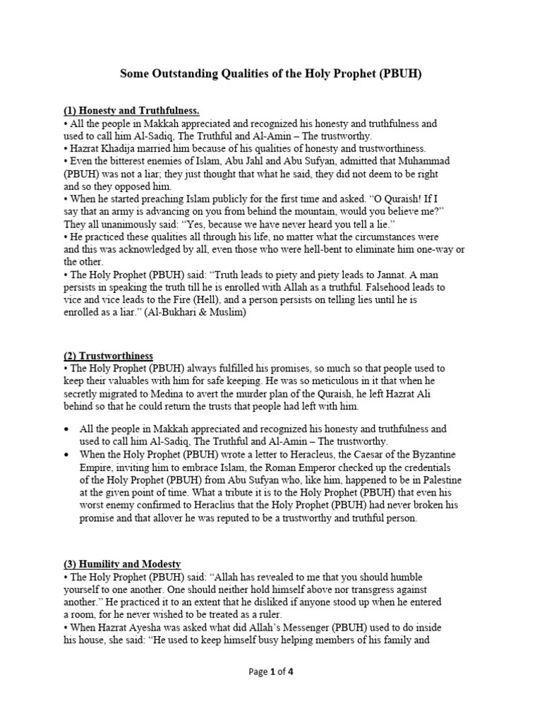 Qualities Of The Holy Prophet (PBUH) | PDF | Muhammad | Humility