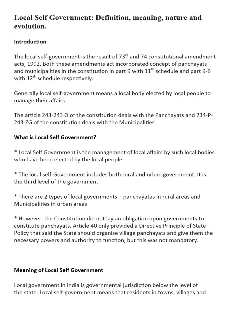 Local Self Government Notes | PDF | Governance | Sustainability