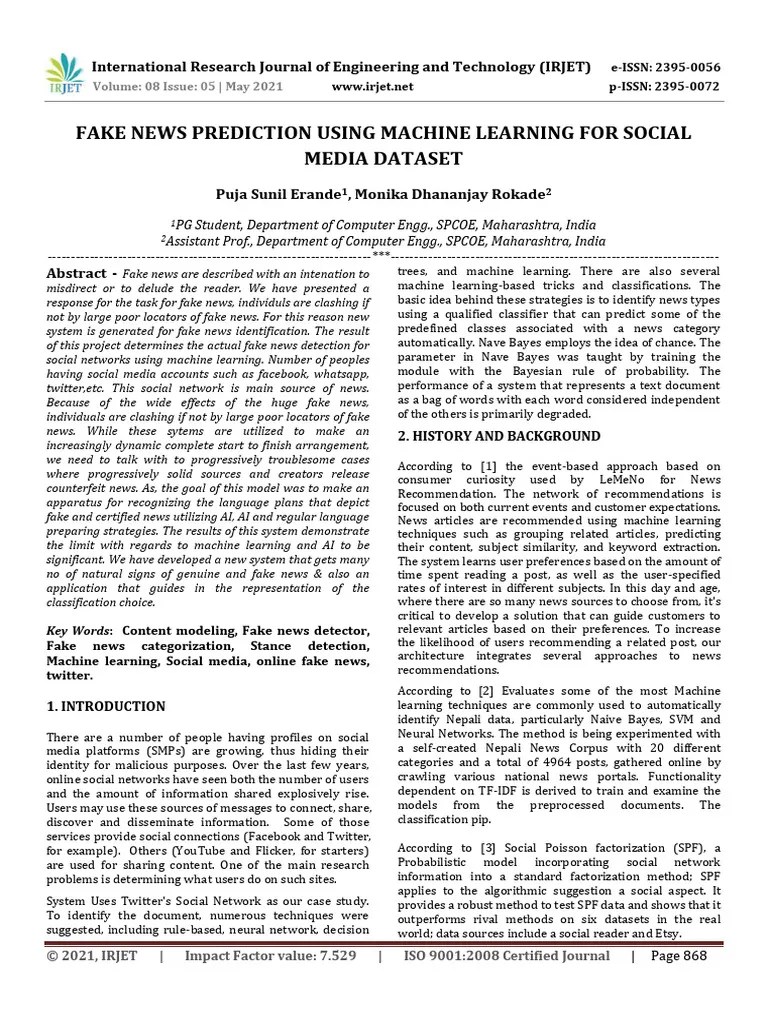 IRJET_FAKE_NEWS_PREDICTION_USING_MACHINE | PDF | Machine Learning ...