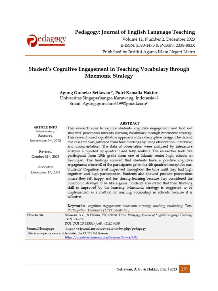 Jurnal Student’s Cognitive Engagement In Teaching Vocabulary Through ...