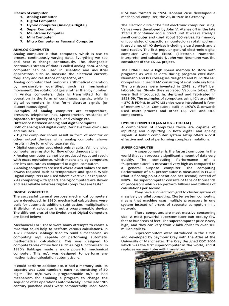 Classes Of Computer | PDF | Microcomputers | Mainframe Computer
