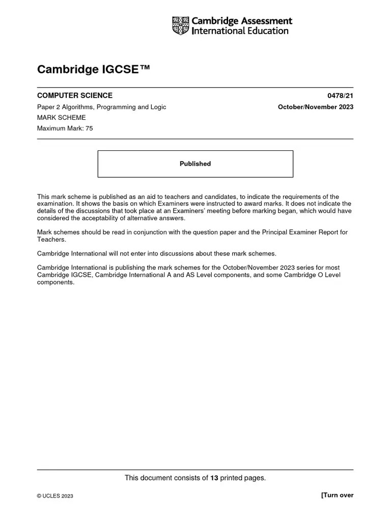 Cambridge IGCSE ™: Computer Science 0478/21 | PDF | Data | Question