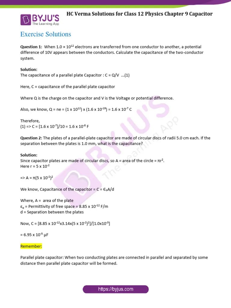HC Verma Solutions Class 12 Physics Chapter 9 Capacitor | PDF ...
