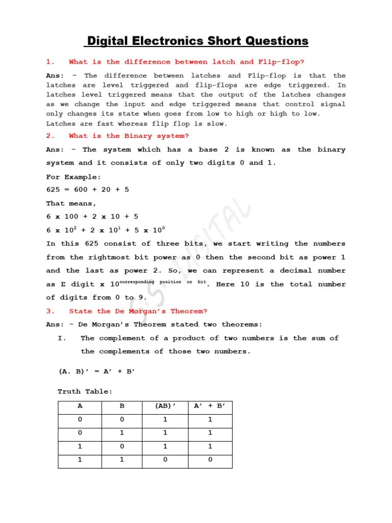Digital Electronics Short Questions | PDF | Logic Gate | Digital ...