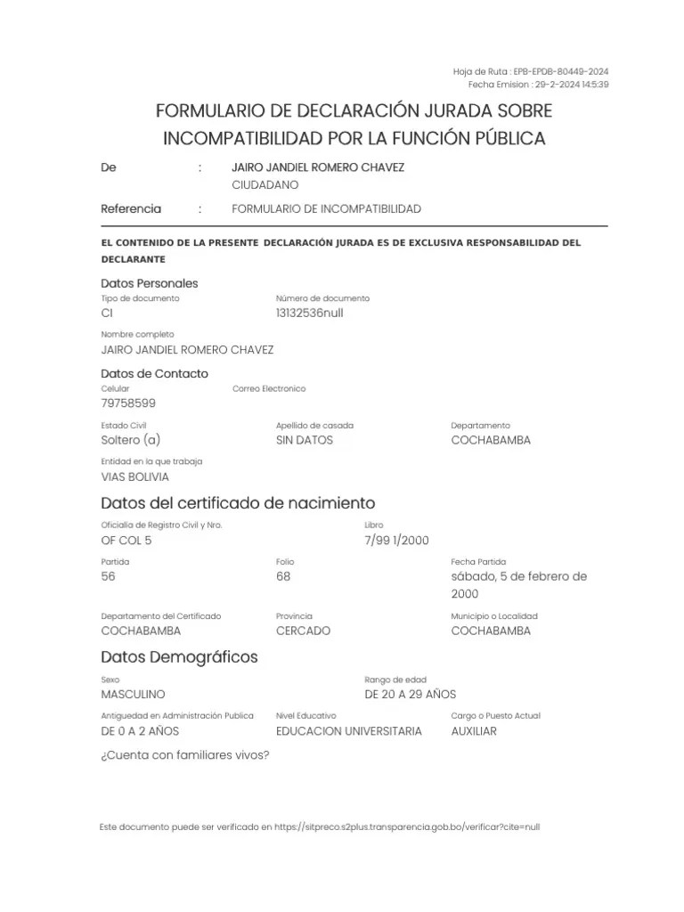 Formulario De Declaración Jurada Sobre Incompatibilidad Por La Función Pública Null | PDF | Gobierno
