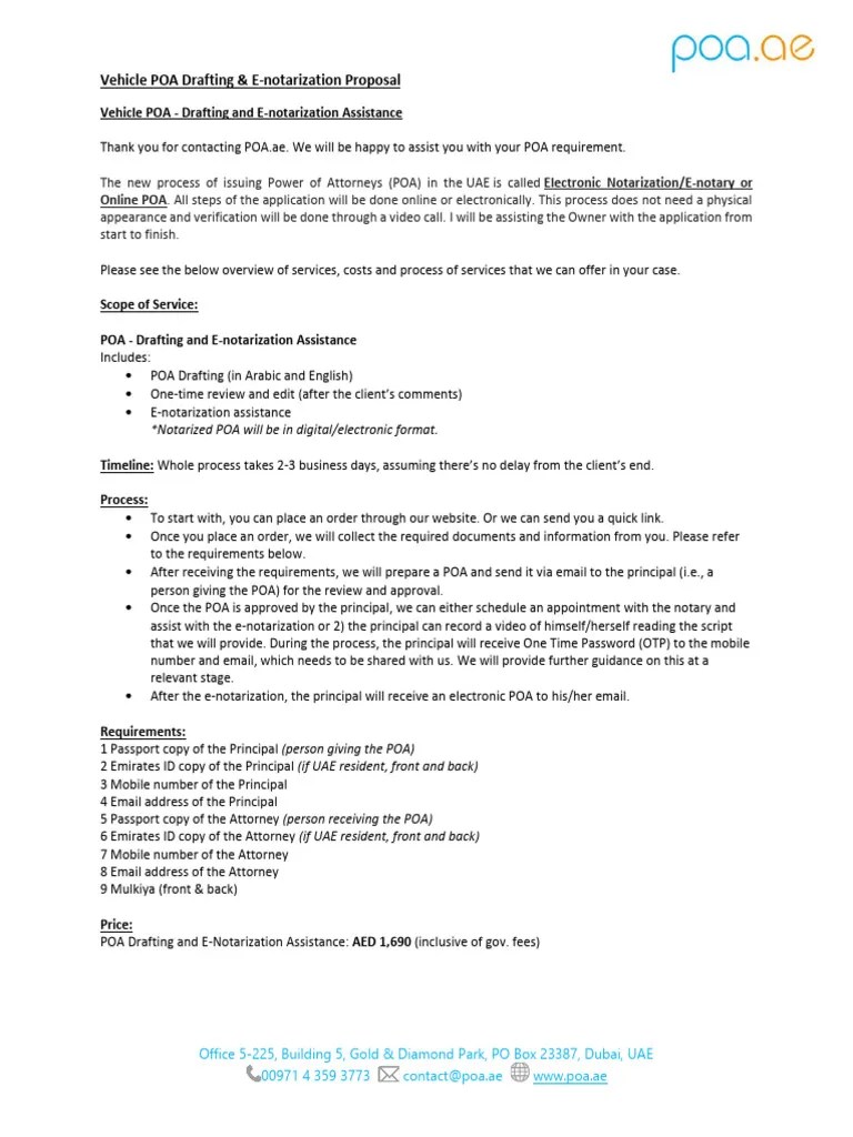 Vehicle POA Drafting & E-Notarization Proposal | PDF | United Arab Emirates