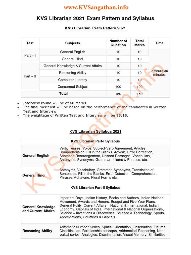 KVS Librarian 2021 Exam Pattern And Syllabus | PDF | Reason | English Language